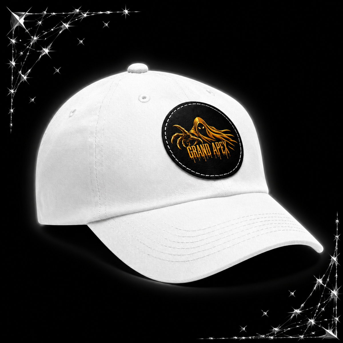 A white baseball cap with a curved brim, featuring a circular black patch on the front with a gold octopus graphic and the text 'GRAND APE'. The cap is shown against a black background with chrome webbing graphics in the corners.
