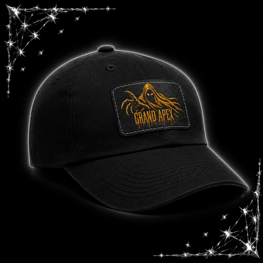 A black baseball cap with a rectangular front patch featuring a gold phantom graphic and the text 'GRAND APEX'. The cap is shown on a black background with chrome spiked webbing corner graphics.
