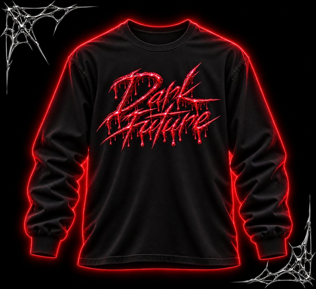 A black long-sleeve t-shirt with a red dripping 'Dark Future' graphic on the chest, displayed on a black background with glowing red neon-style outlines and spiderweb graphics in the corners.