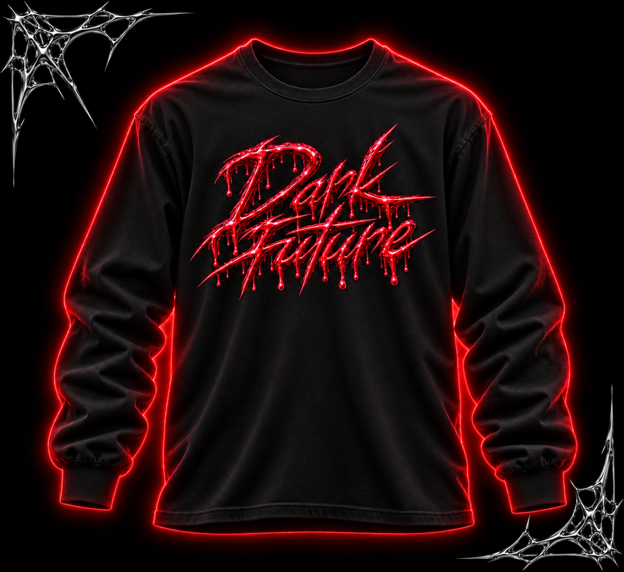 A black long-sleeve t-shirt with a red dripping 'Dark Future' graphic on the chest, displayed on a black background with glowing red neon-style outlines and spiderweb graphics in the corners.