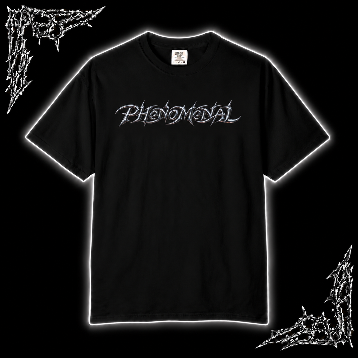 A black short-sleeve t-shirt with the word 'PHENOMENAL' printed across the chest in a stylized white font, presented on a black background with white glowing borders and white graphic elements in the corners.